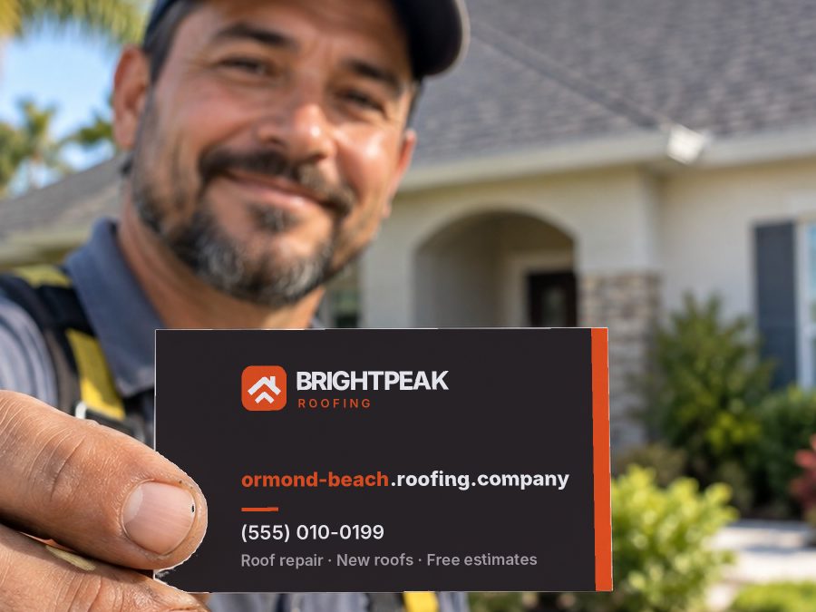ormond-beach.roofing.company on a roofer's business card