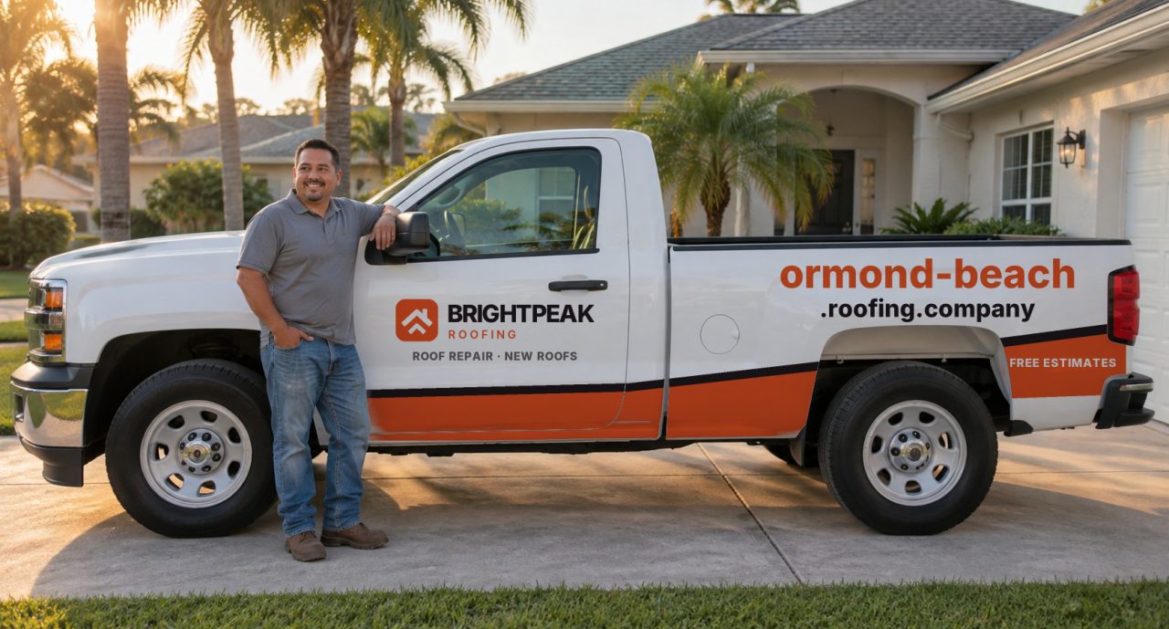ormond-beach.roofing.company painted on the side of a white work truck